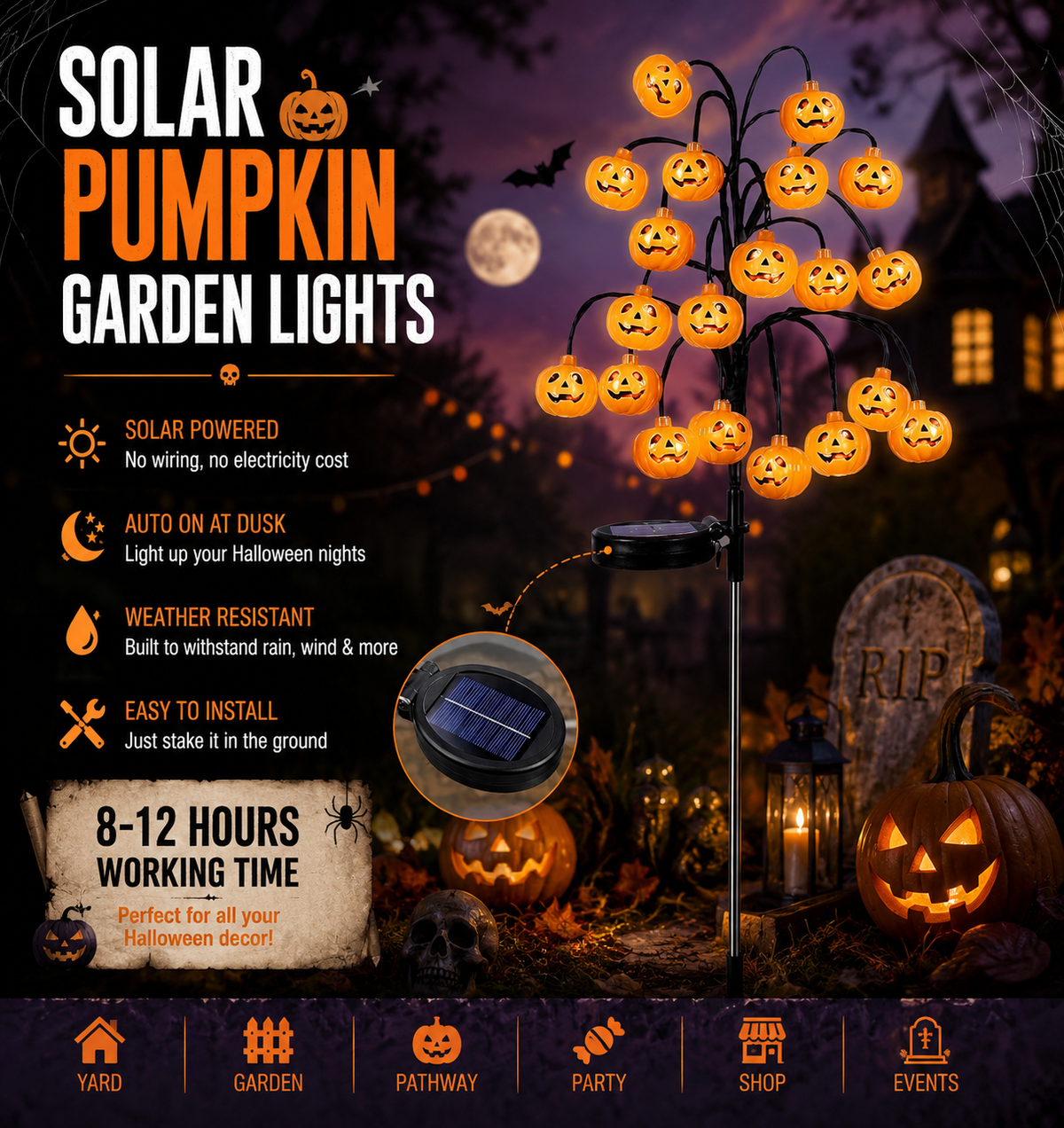 Halloween Sale: Solar Pumpkin Tree Lights 50% Off! – Waterproof Outdoor Garden Stake Decor with 20 LED Jack-O'-Lanterns