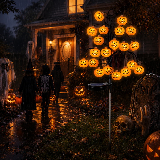 Halloween Sale: Solar Pumpkin Tree Lights 50% Off! – Waterproof Outdoor Garden Stake Decor with 20 LED Jack-O'-Lanterns